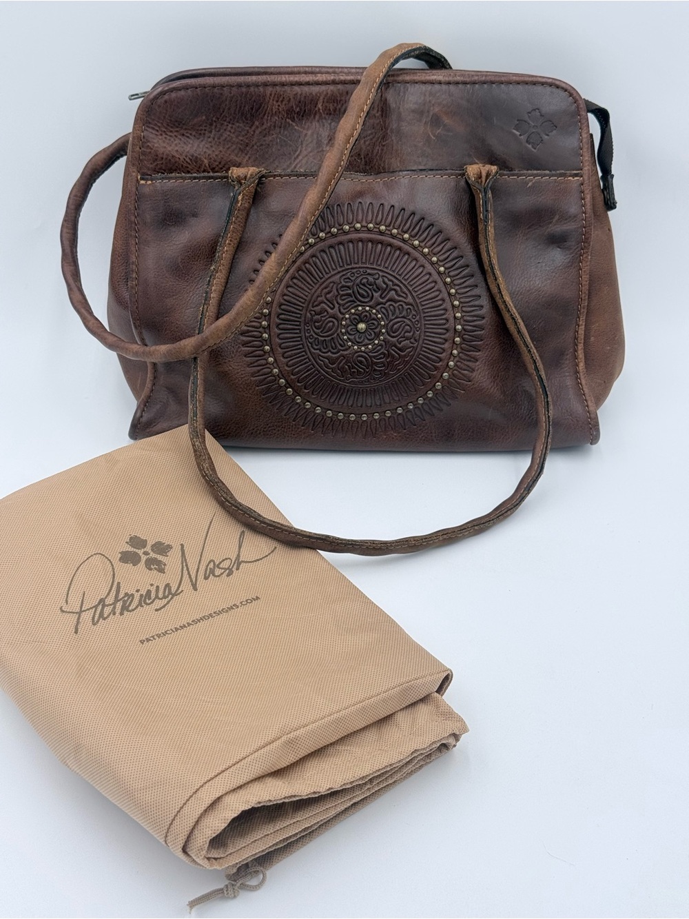 Patricia Nash Distressed Brown Leather Medallion Shoulder Bag